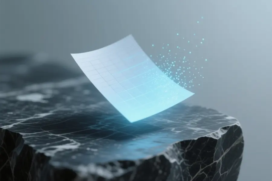 3D sheet with glowing grid lines floating over a 3D slab of stone