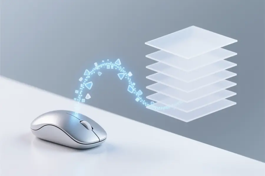 A 3D render featuring a computer mouse resting on a smooth white surface emitting a faint glowing stream of soft blue digital particles.