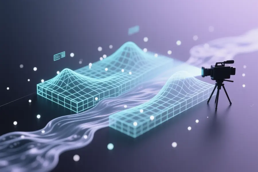 A 3D terrain grid mesh emerging from a flowing stream of video frames where the mesh is composed of soft cyan and white wireframe lines.