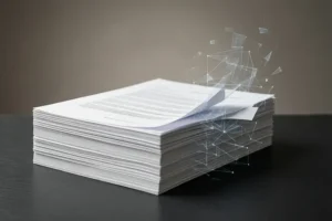 A centered minimalist stack of five crisp white paper documents resting on a textured charcoal slate desk.
