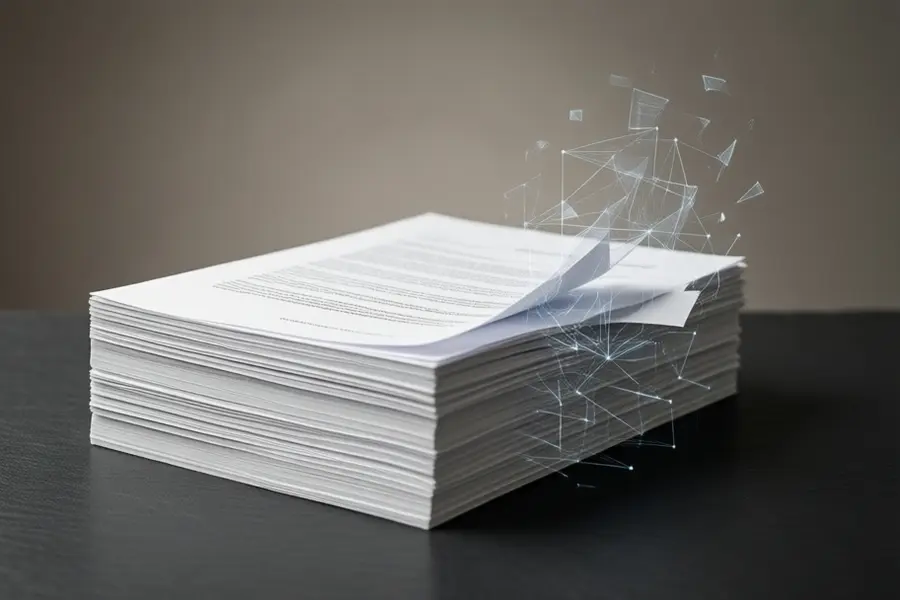 A centered minimalist stack of five crisp white paper documents resting on a textured charcoal slate desk.