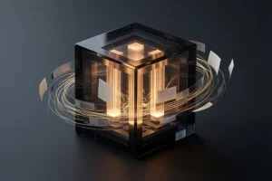 A centered obsidian geometric core resting surrounded by floating sheets of paper.