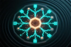A central hexagonal core emitting soft amber light with multiple branching paths radiating outward like a neural tree