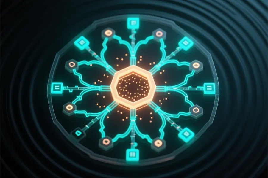 A central hexagonal core emitting soft amber light with multiple branching paths radiating outward like a neural tree