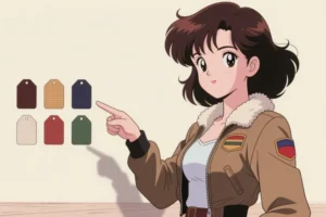 A classic 1980s anime woman with soft contour shading and large expressive eyes pointing to a color tag.