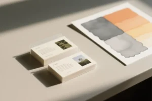 A clean matte ceramic desk surface holding a neat stack of three translucent archival index cards.