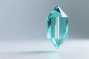 A close-up of a 3D render of a teal geometric crystal structure floating just inches above a smooth matte white surface.