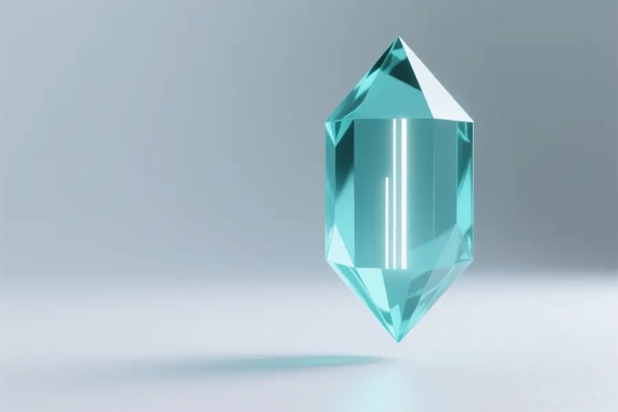 A close-up of a 3D render of a teal geometric crystal structure floating just inches above a smooth matte white surface.