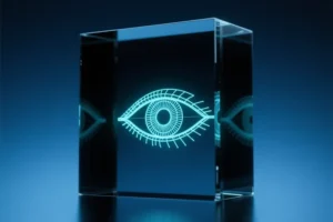 A close-up of a large translucent glass pane revealing a glowing wireframe eye.
