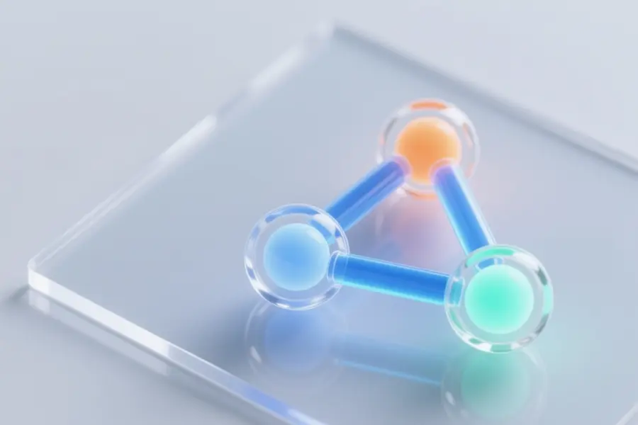 A close-up of a physical loop structure made of three distinct translucent glass nodes connected by a glowing blue tube.