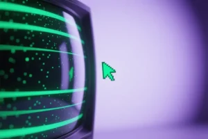 A close-up of a purple curved CRT glass surface occupying with horizontal scanlines and a subtle phosphor halo effect.