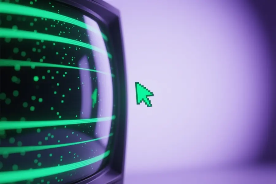 A close-up of a purple curved CRT glass surface occupying with horizontal scanlines and a subtle phosphor halo effect.