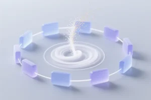 A collection of small interconnected nodes surrounding a swirling wave