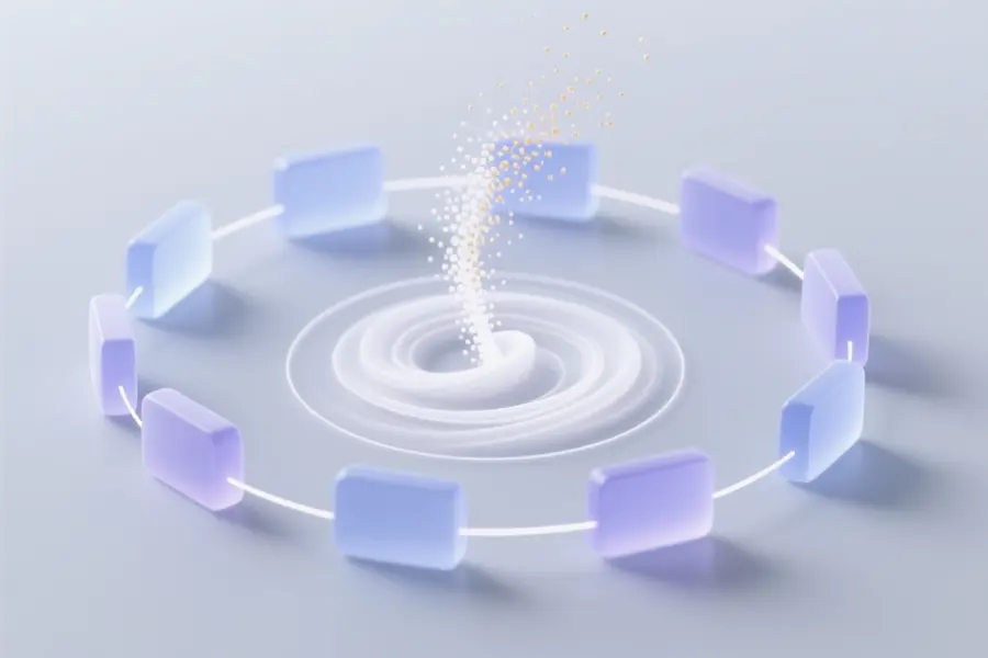 A collection of small interconnected nodes surrounding a swirling wave