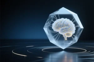 A colossal octahedron made of frosted digital glass with a swirling, nebulous cloud of faint golden and white data particles.
