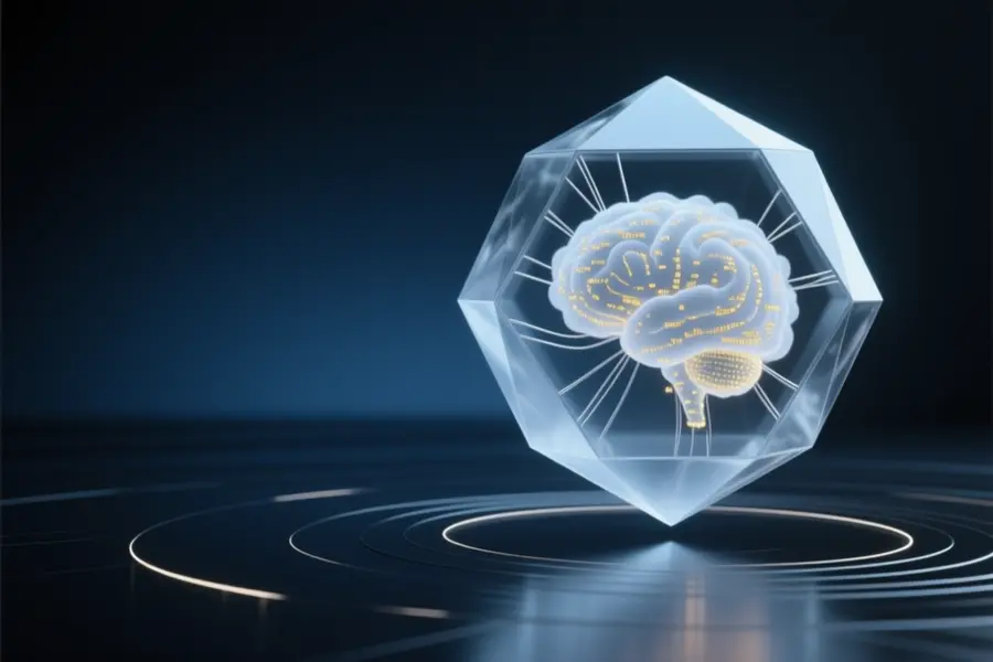 A colossal octahedron made of frosted digital glass with a swirling, nebulous cloud of faint golden and white data particles.