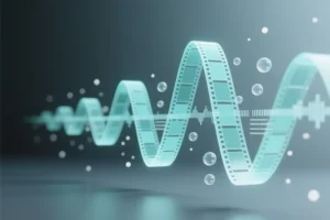 A combined waveform is uniquely constructed from dozens of tiny interconnected rectangular film frames and small floating translucent text bubbles.