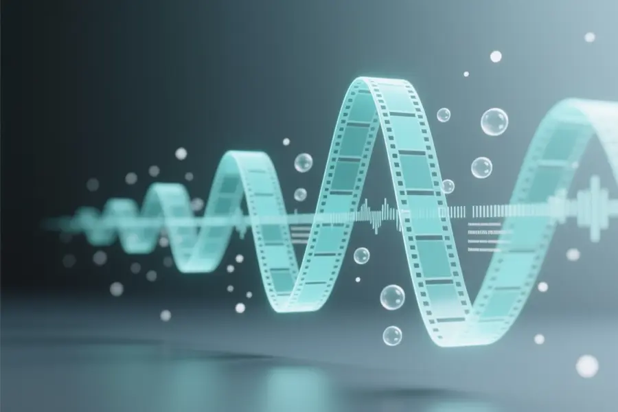 A combined waveform is uniquely constructed from dozens of tiny interconnected rectangular film frames and small floating translucent text bubbles.
