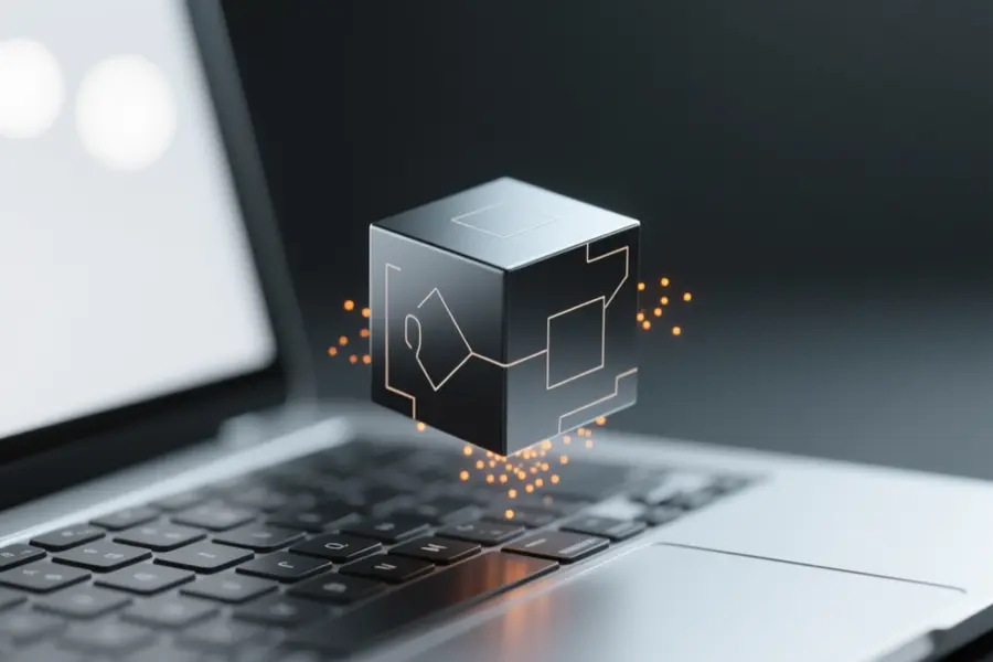 A compact smooth dark titanium cube floating gently just above a sleek silver laptop keyboard.