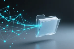 A conceptual digital visualization of a folder floating with scattered array of faint disconnected neon blue lines and dots floats on the left side.