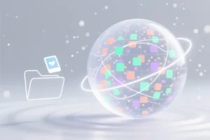 A crystal hub sphere filled with thousands of tiny floating image thumbnail particles swirling inside.