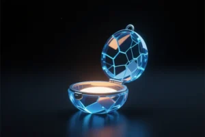 A dark matte black background with a glowing fractured blue glass structure in the center.