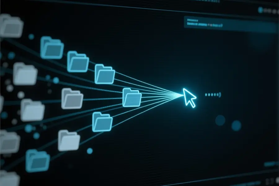 A dark terminal interface wiht multiple faint file icons are converging from scattered positions.