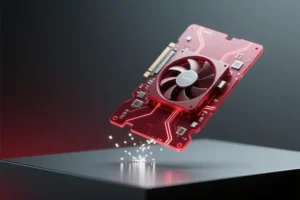 A deep red graphics processing unit angled and hovering just above a smooth matte dark grey platform.