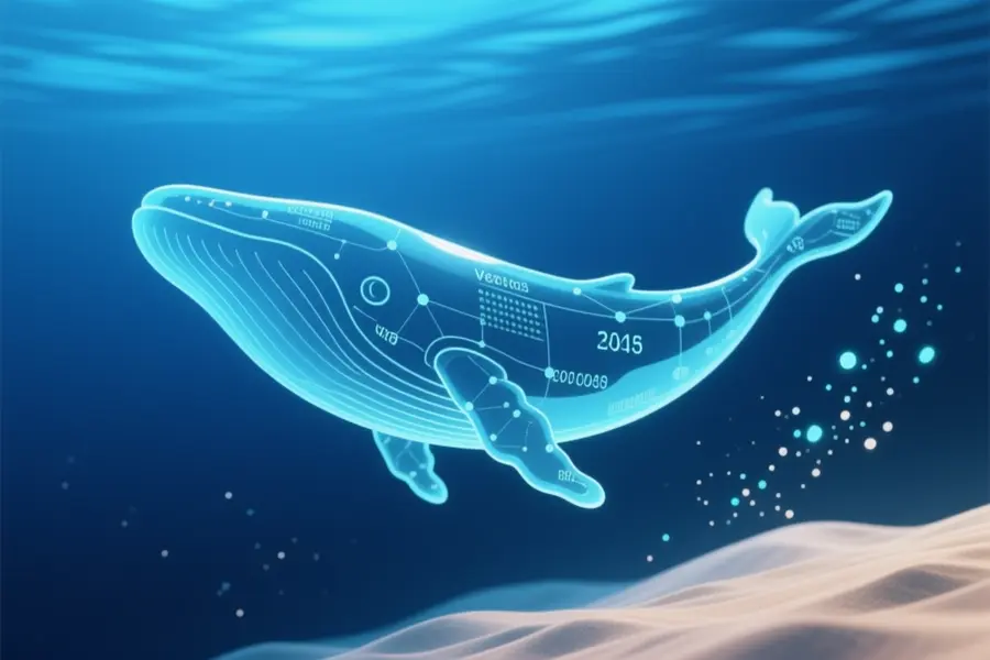 A digital vector node shape of a whale floating in the deep blue sea.
