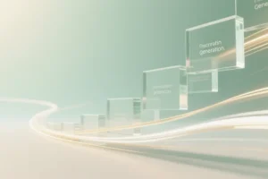 A dynamic cascade of large rectangular glass blocks containing faint embossed letterforms arranged in a sweeping fast-moving curve.