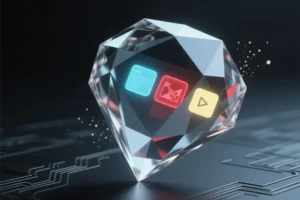 A faceted translucent gemstone structure angled with three distinct glowing cores.