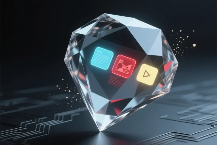 A faceted translucent gemstone structure angled with three distinct glowing cores.