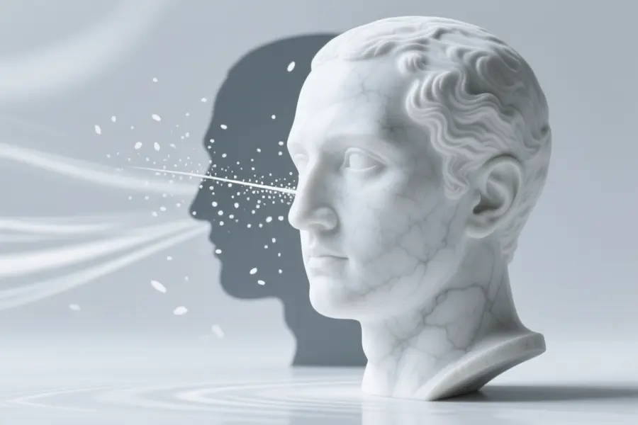 A featureless white marble bust of a human head and the painted silhouette.