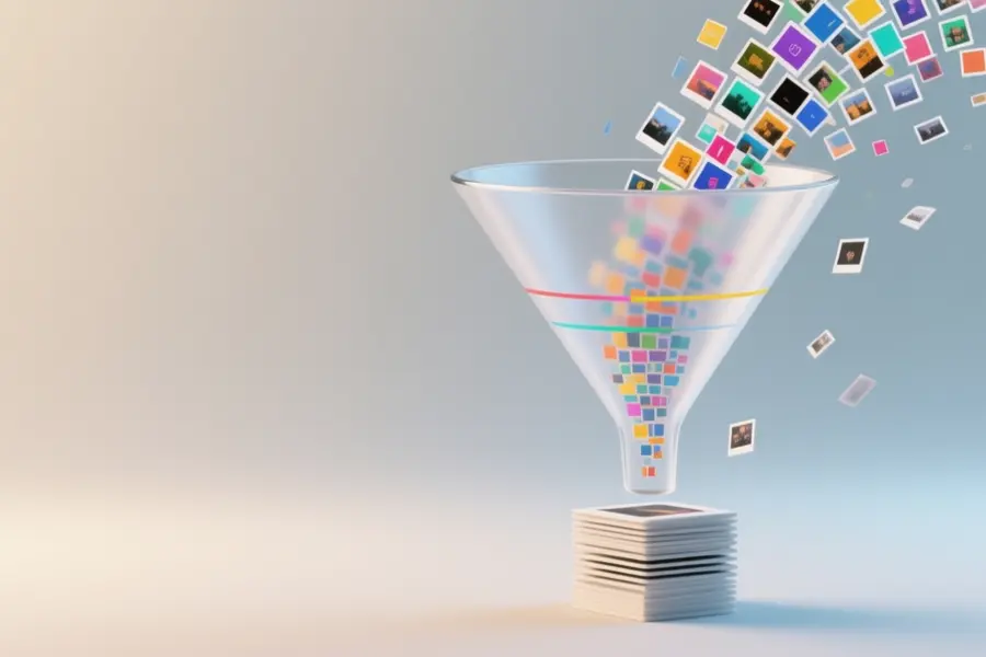 A filtering funnel tilted slightly to the right with millions of tiny vibrant square image frames dynamically pour into the wide top.