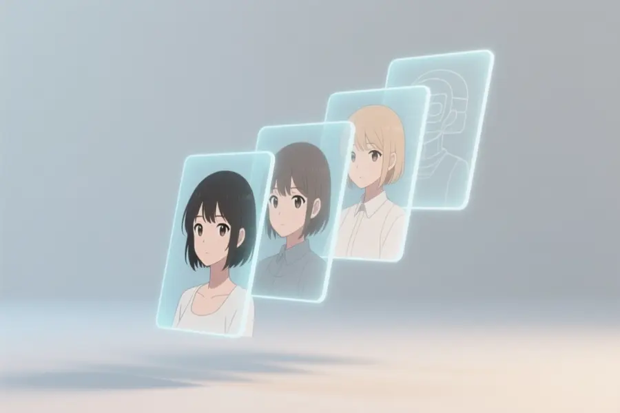 A flat anime woman character portrait that gently separates into seven translucent floating panels.