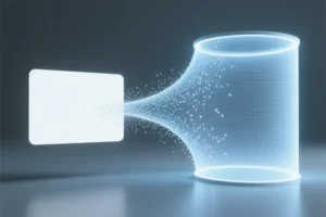 A flat white rectangular screen on the left side dissolving into digital particles that flow towards a curved panoramic cylinder.