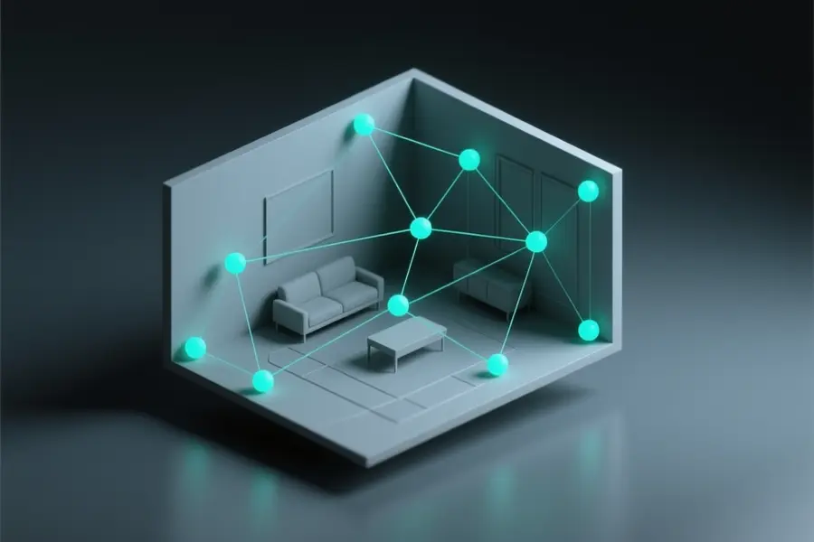A floating geometric point cloud that reconstructs the room into delicate spatial lines and dots.