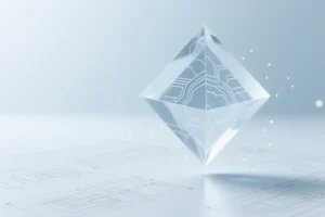 A floating geometric prism is constructed of clear glass-like material with faint internal etchings resembling circuitry or neural pathways.