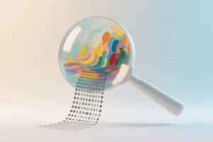 A floating magnifying glass in a soft cream and pale blue gradient background.