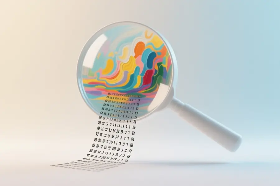 A floating magnifying glass in a soft cream and pale blue gradient background.