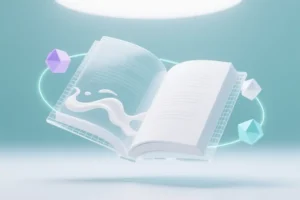 A floating open book made of translucent white glass and fine digital mesh wireframe hovering in the center.