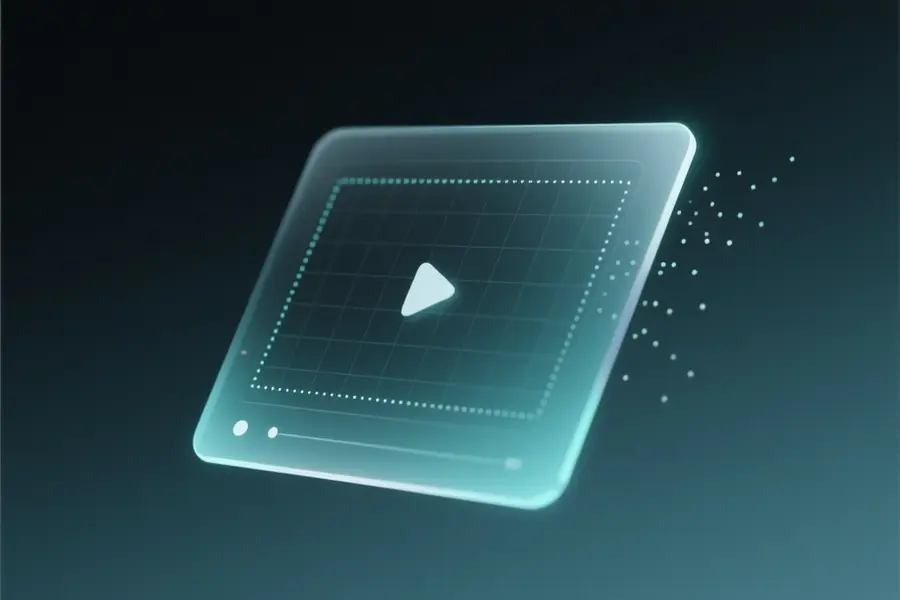 A floating video editing canvas interface element angled canvas displays a semi-transparent frame with a dotted rectangular outpainting region.