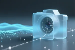 A geometric camera viewfinder constructed from smooth frosted glass with faint white dotted lines tracing a precise curved camera focal path.