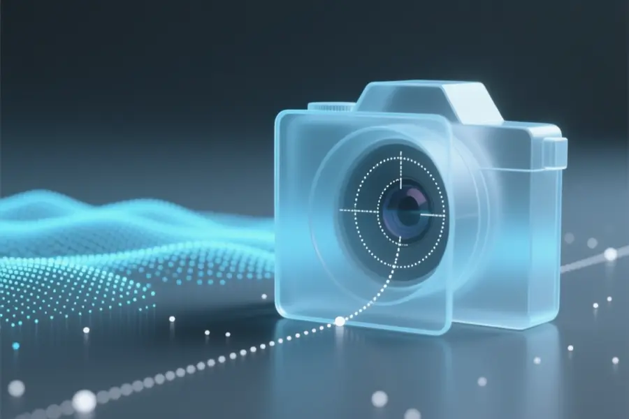 A geometric camera viewfinder constructed from smooth frosted glass with faint white dotted lines tracing a precise curved camera focal path.