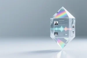 A geometric crystal with distinct layers of text small image thumbnails and audio waves are visible suspended like inclusions in ice.