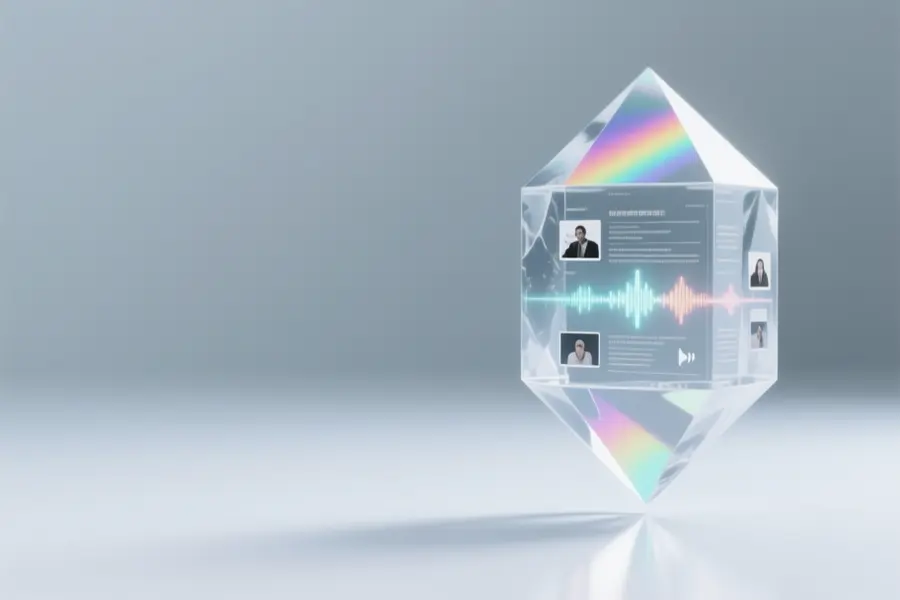 A geometric crystal with distinct layers of text small image thumbnails and audio waves are visible suspended like inclusions in ice.
