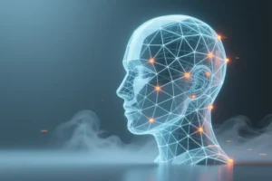 A geometric mannequin head floating composed of intricate light blue and white mesh lines with faint digital smoke.