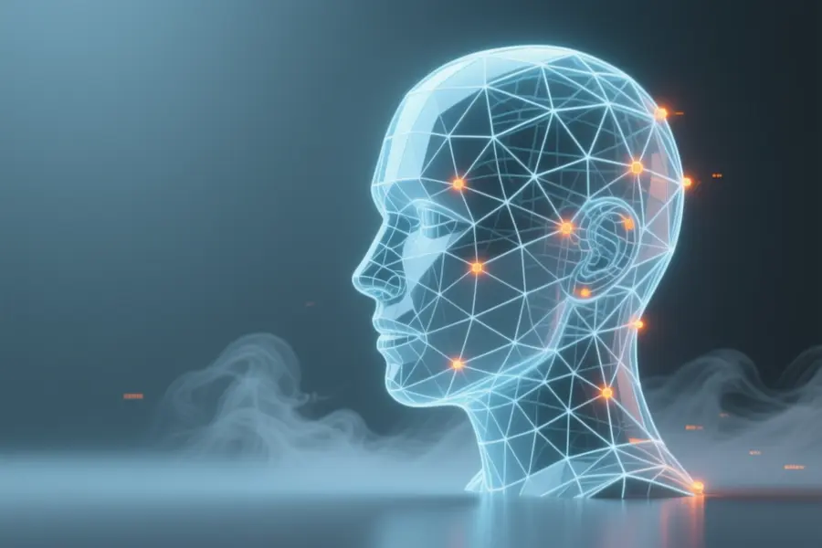 A geometric mannequin head floating composed of intricate light blue and white mesh lines with faint digital smoke.