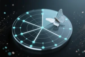 A geometric radar floating in a dark minimal void resting gently on the top right vertex of the chart is a small intricate mechanical moth.