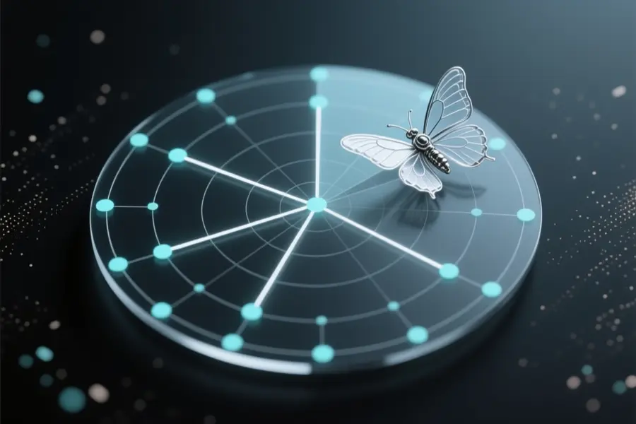 A geometric radar floating in a dark minimal void resting gently on the top right vertex of the chart is a small intricate mechanical moth.